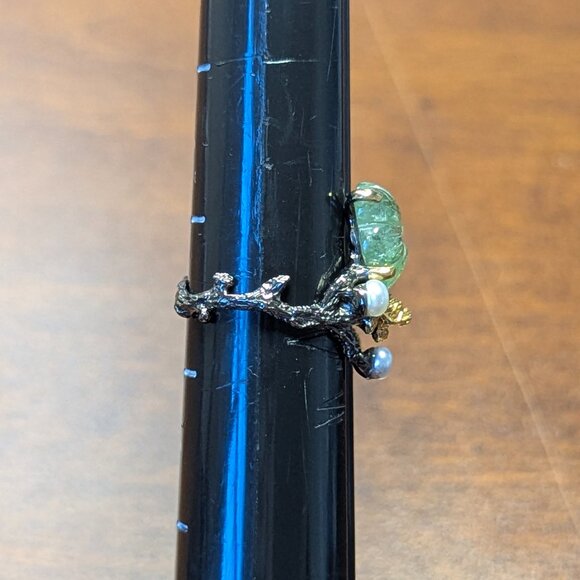 RING 5CT Green Tourmaline Carved Flower with Pearl Accents 925 Size 7.5 - Picture 7 of 9